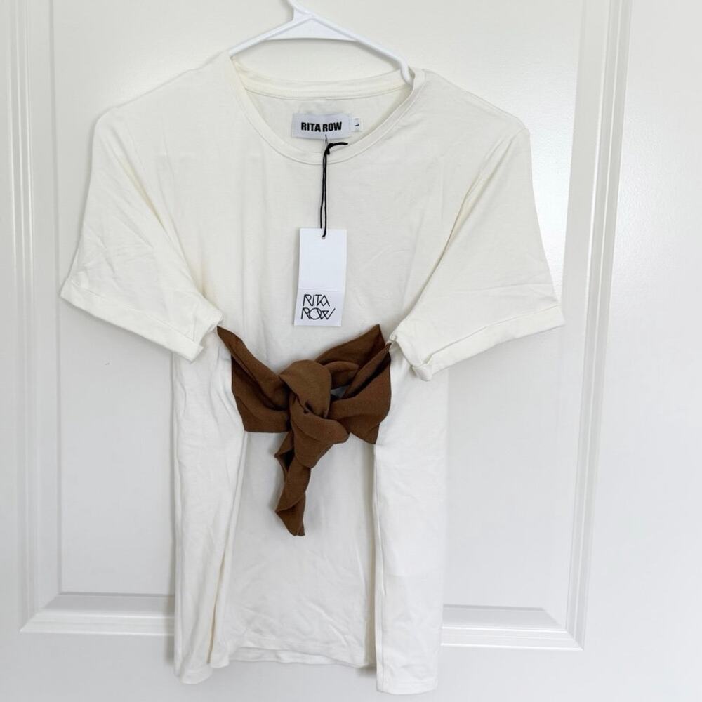 NWT RITA ROW Sash Tie Shirt Sleeve Shirt White Brown Large